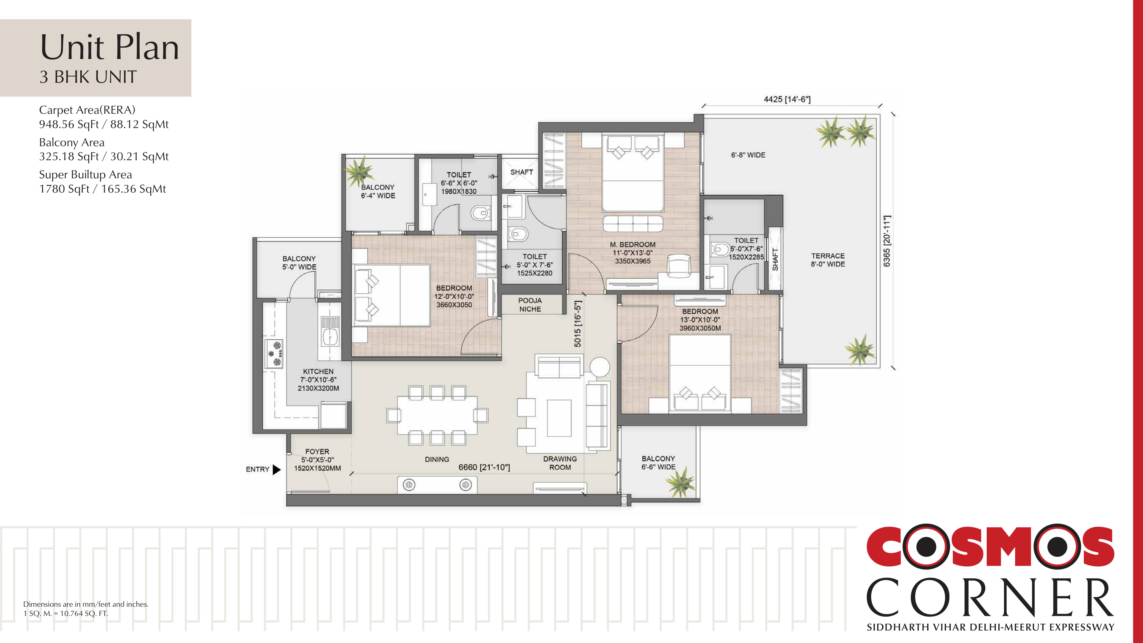 AU Cosmos Corner 3 BHK Floor Plan (1780 sq ft)