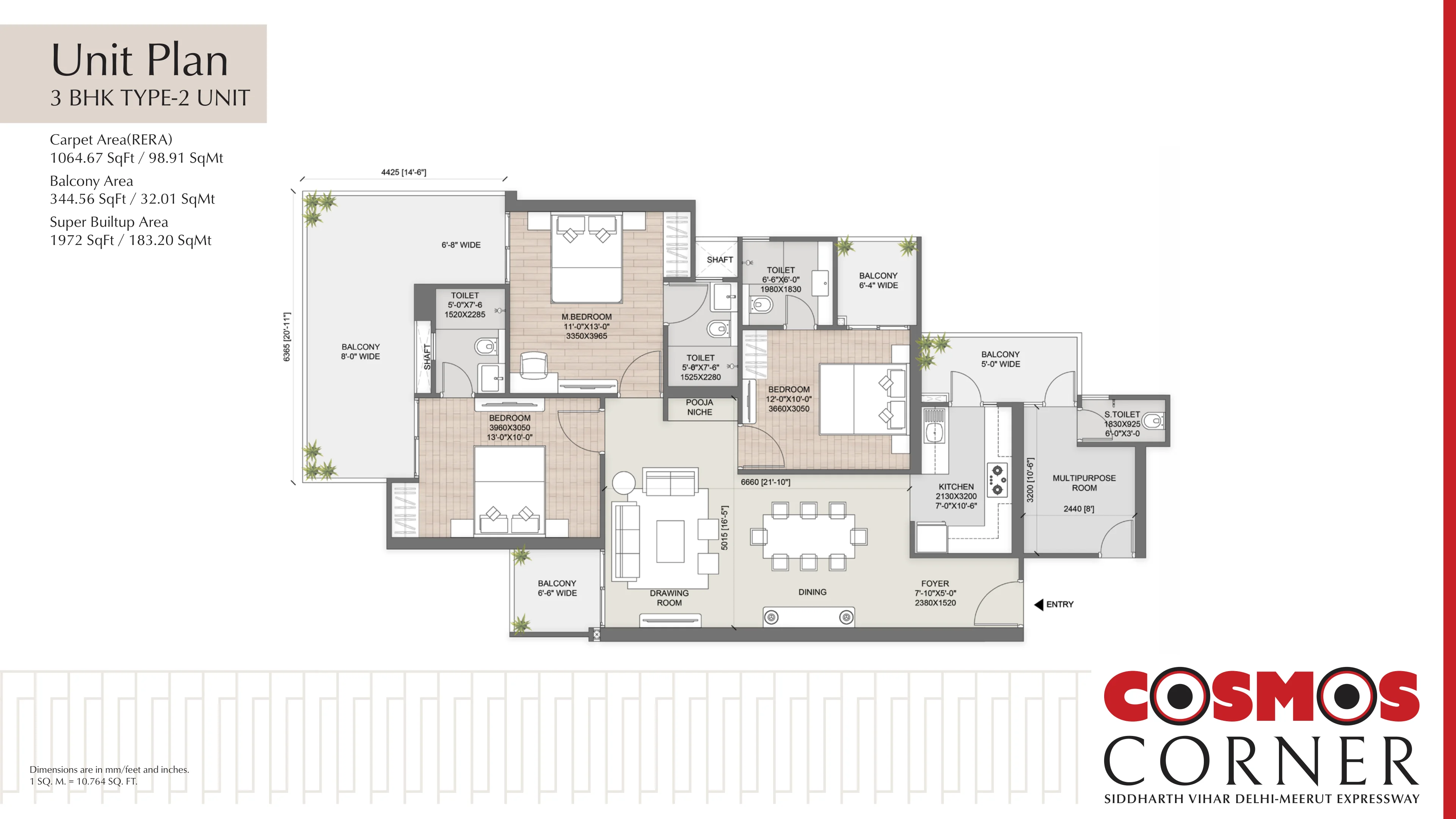 3 BHK Type 2 Floor Plan Layout